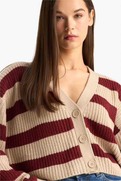 Cardigan en tricot rayé à col V et boutons Coupe régulière