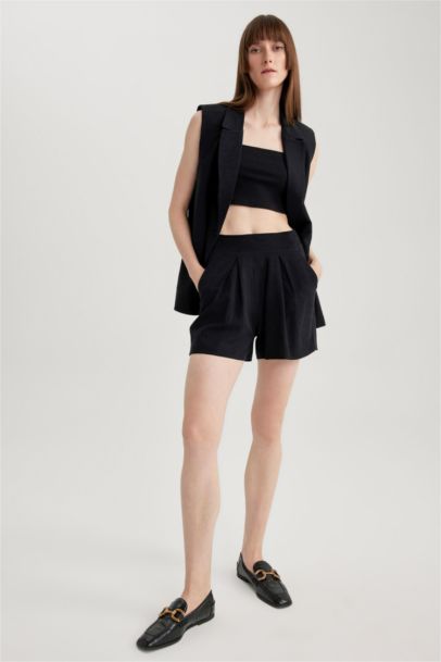 Elastic Waist Wide Leg Linen Blend Shorts