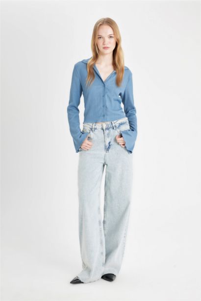 Chemise à Manches Longues en Tricot Coupe Slim Col de Chemise