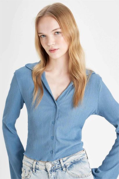 Chemise à Manches Longues en Tricot Coupe Slim Col de Chemise