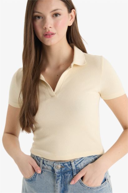 Fitted Polo Yaka Basic Düz Fitilli Kaşkorse Kısa Kollu Tişört