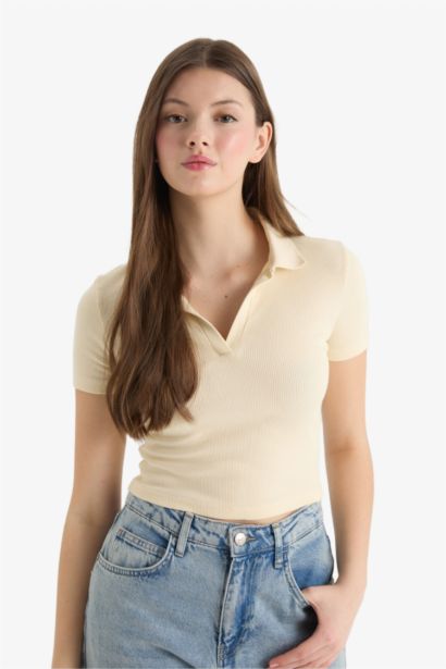 Fitted Polo Yaka Basic Düz Fitilli Kaşkorse Kısa Kollu Tişört