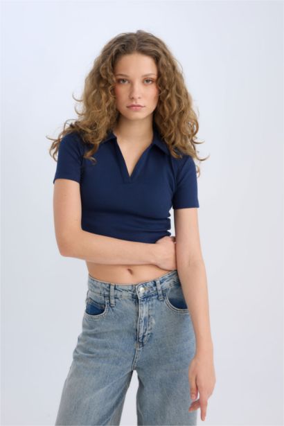 Fitted Polo Yaka Basic Düz Fitilli Kaşkorse Kısa Kollu Tişört