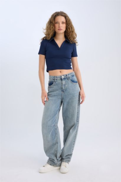 Fitted Polo Yaka Basic Düz Fitilli Kaşkorse Kısa Kollu Tişört