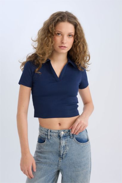 Fitted Polo Yaka Basic Düz Fitilli Kaşkorse Kısa Kollu Tişört