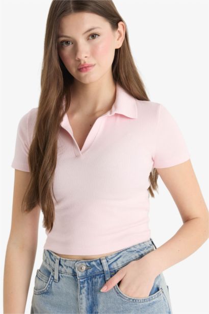 Fitted Polo Yaka Basic Düz Fitilli Kaşkorse Kısa Kollu Tişört