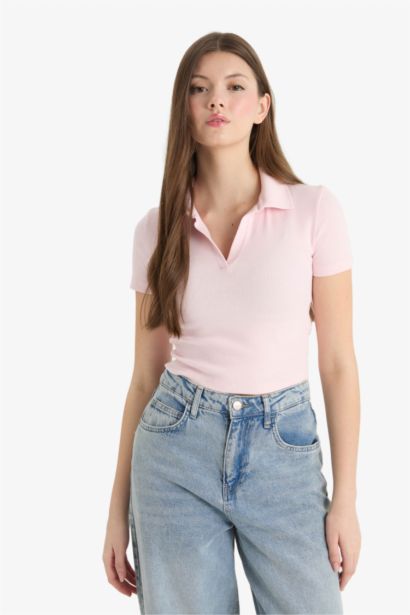 Fitted Polo Yaka Basic Düz Fitilli Kaşkorse Kısa Kollu Tişört