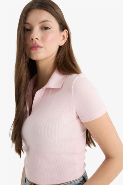 Fitted Polo Yaka Basic Düz Fitilli Kaşkorse Kısa Kollu Tişört