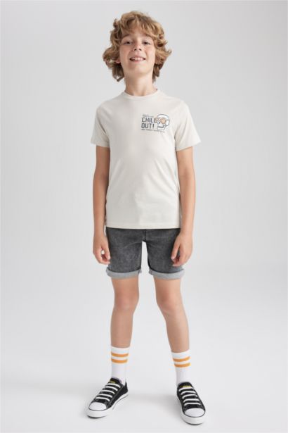 تي شيرت نص كم مطبوع قصة عادية وياقة مستديرة