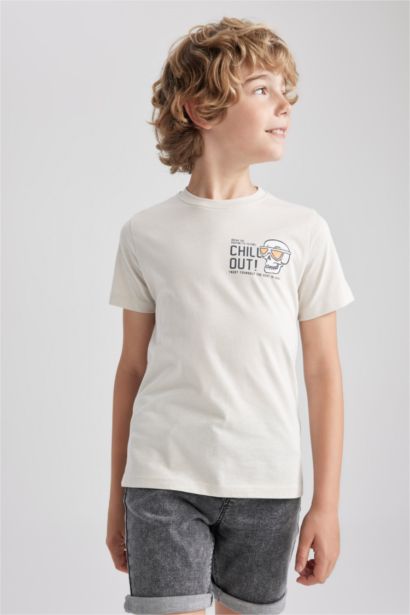 تي شيرت نص كم مطبوع قصة عادية وياقة مستديرة