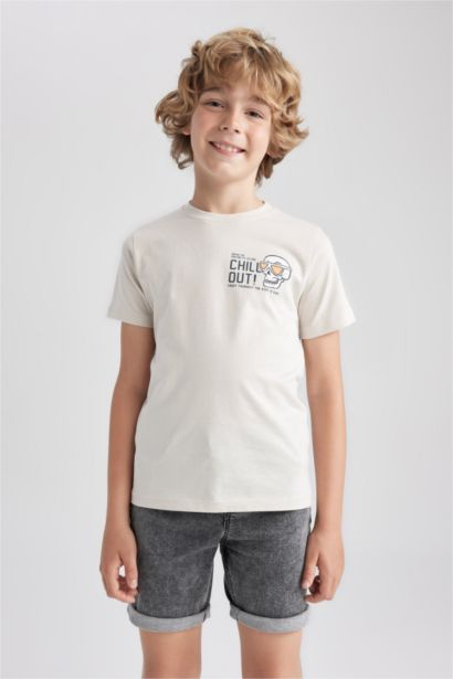 تي شيرت نص كم مطبوع قصة عادية وياقة مستديرة