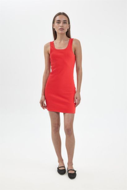 Coool Bodycon Vücudu Saran Basic Düz Fitilli Kaşkorse Kolsuz Mini Kırmızı Elbise