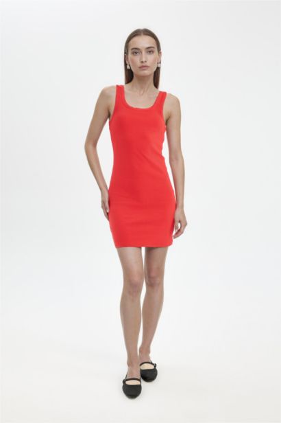 Coool Bodycon Vücudu Saran Basic Düz Fitilli Kaşkorse Kolsuz Mini Kırmızı Elbise