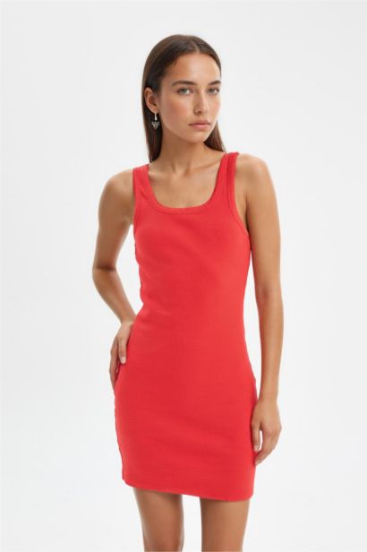 Coool Bodycon Vücudu Saran Basic Düz Fitilli Kaşkorse Kolsuz Mini Kırmızı Elbise