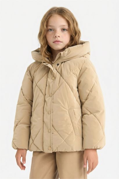 Girl Hooded Zippered Buttons Quilted Jacket