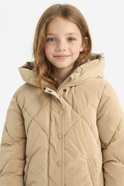 Girl Hooded Zippered Buttons Quilted Jacket