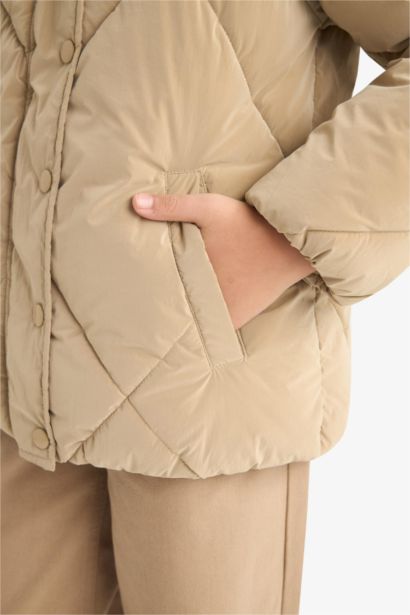 Girl Hooded Zippered Buttons Quilted Jacket