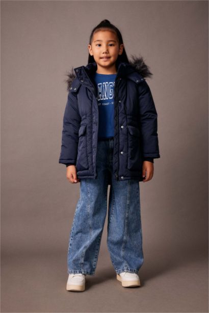 Girl Waterproof Hooded Removable Faux Fur Lined Puffer Jacket