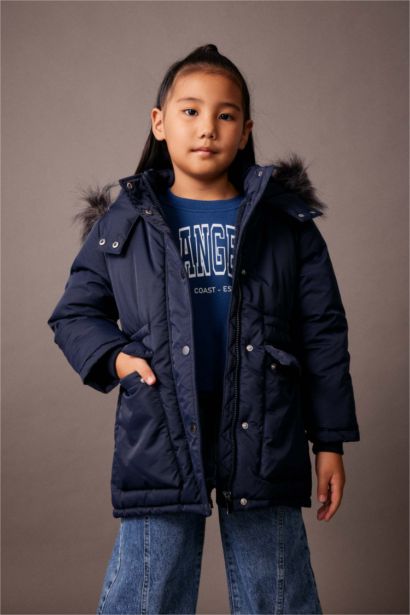 Girl Waterproof Hooded Removable Faux Fur Lined Puffer Jacket