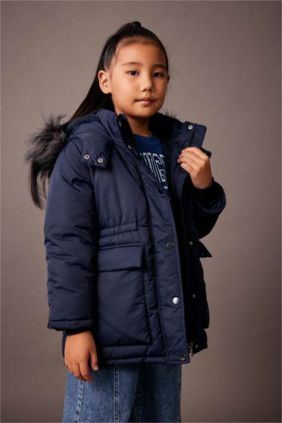 Girl Waterproof Hooded Removable Faux Fur Lined Puffer Jacket