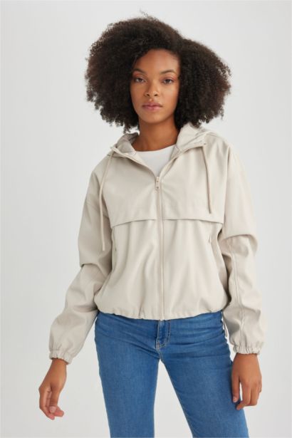 Su İtici Regular Kalıp Kapüşonlu Fermuarlı Kısa Yağmurluk