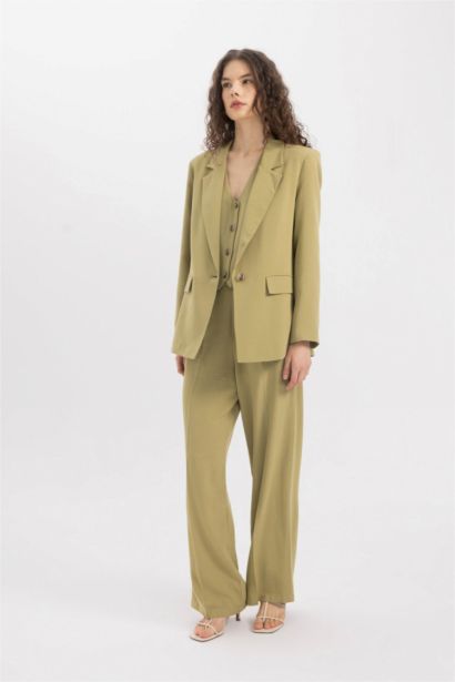 Wide Leg Keten Karışımlı Palazzo Pantolon Yüksek Bel Geniş Bol Paça Pensli Cepli