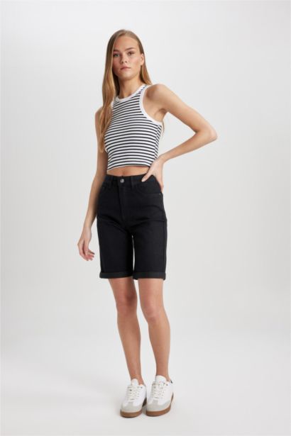 Normal Waist Fold Leg Denim Bermuda