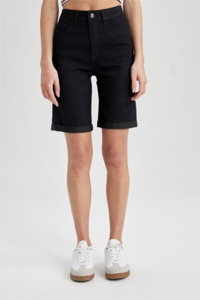 Normal Waist Fold Leg Denim Bermuda