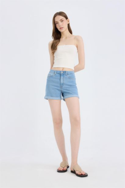 Normal Waist Fold Denim Shorts