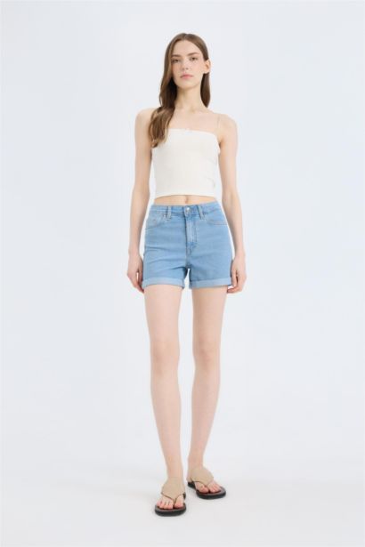 Normal Waist Fold Denim Shorts