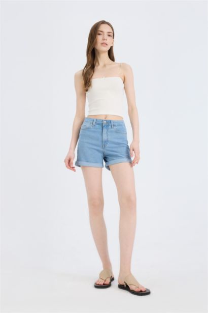 Normal Waist Fold Denim Shorts