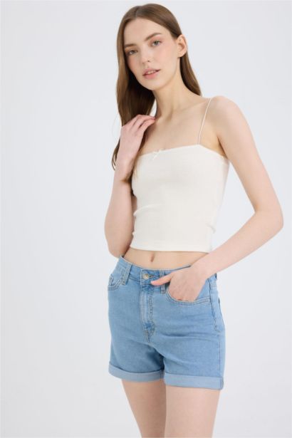 Normal Waist Fold Denim Shorts