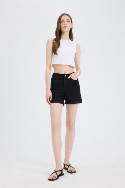 Normal Waist Fold Denim Shorts