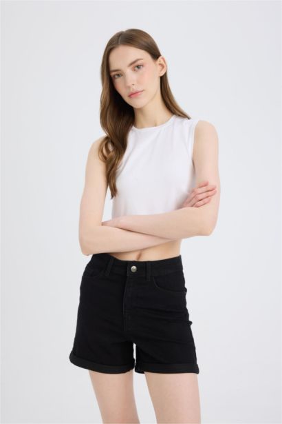 Normal Waist Fold Denim Shorts