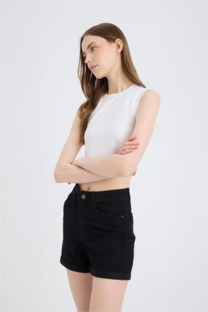 Normal Waist Fold Denim Shorts