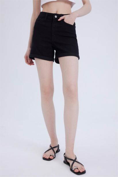 Normal Waist Fold Denim Shorts