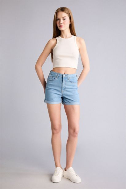 Normal Waist Fold Denim Shorts