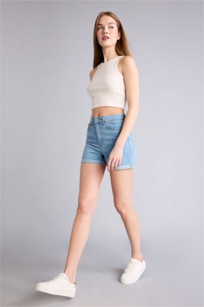 Normal Waist Fold Denim Shorts