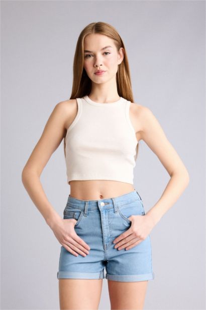 Normal Waist Fold Denim Shorts
