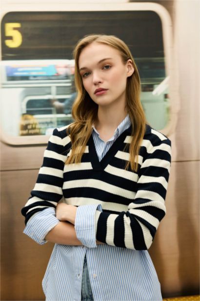 Slim Fit Dar Kesim Polo Yaka Çizgili Triko Kazak