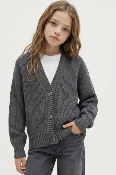 Girl V-Neck Button Cardigan