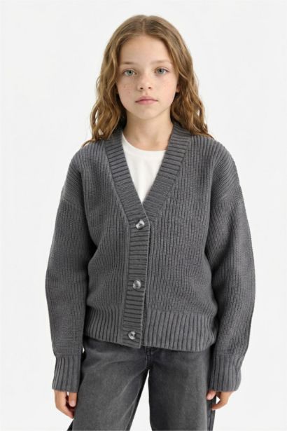 Girl V-Neck Button Cardigan