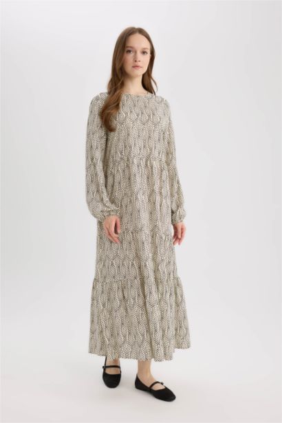 Crew Neck Patterned Long Sleeve Maxi Dress