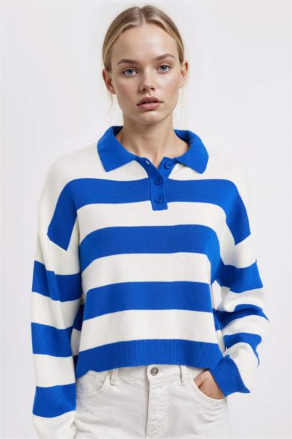 Regular Fit Polo Neck Striped Knit Pullover