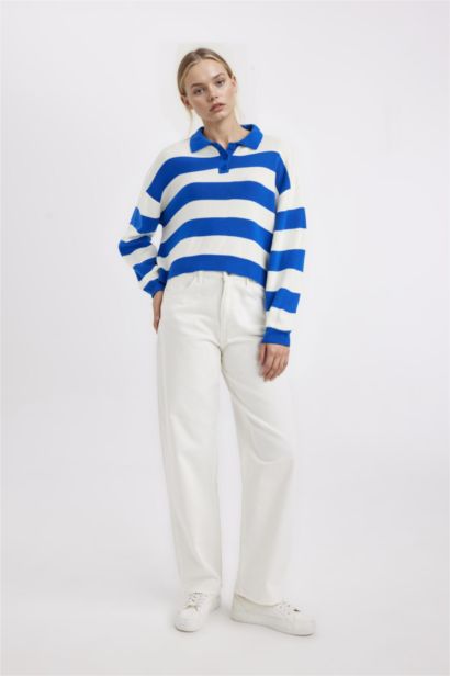 Regular Fit Polo Neck Striped Knit Pullover