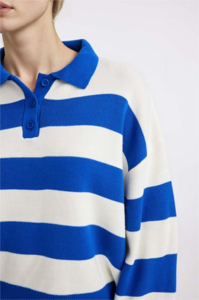 Regular Fit Polo Neck Striped Knit Pullover