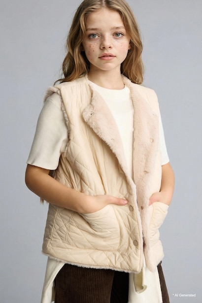 Gilet beige en peluche réversible avec poches pour fille
