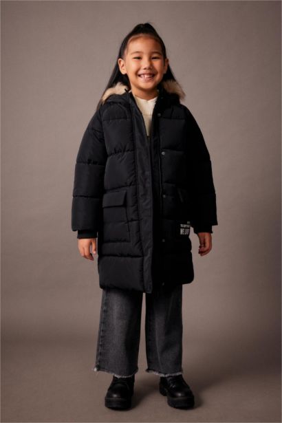 Girl Water Repellent Removable Fur Long Puffer Jacket
