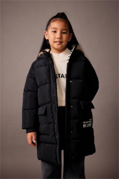Girl Water Repellent Removable Fur Long Puffer Jacket