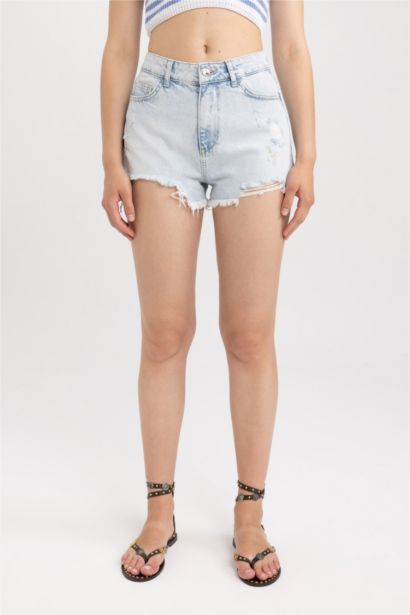 شورت قطن بخصر عالي بساق ممزق